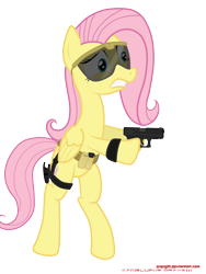 Size: 3000x4000 | Tagged: safe, artist:orang111, character:fluttershy, species:pegasus, species:pony, absurd resolution, bipedal, female, frightened, glock, goggles, gun, military, pistol, scared, simple background, solo, tactical school, transparent background, vector