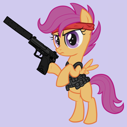 Size: 750x750 | Tagged: safe, artist:arrkhal, character:scootaloo, species:pegasus, species:pony, bandana, bipedal, counter-strike, crossover, female, gun, pistol, rambo, solo, suppressor, terrorist, usp