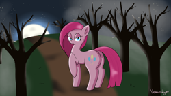 Size: 1920x1080 | Tagged: safe, artist:verminshy, character:pinkamena diane pie, character:pinkie pie, species:earth pony, species:pony, dead tree, female, forest, full moon, lidded eyes, looking at you, mare, moon, night, plot, raised hoof, solo, stars, tree