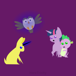 Size: 601x601 | Tagged: safe, artist:haretrinity, character:owlowiscious, character:spike, character:twilight sparkle, species:bird, species:dragon, species:owl, species:pony, species:rabbit, almiraj, female, glowing horn, magic, male, mare, pointy ponies, purple background, simple background, telekinesis