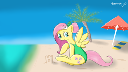 Size: 1920x1080 | Tagged: safe, artist:verminshy, character:fluttershy, character:parasol, beach, female, hair bun, one-piece swimsuit, palm tree, sandcastle, solo, swimsuit