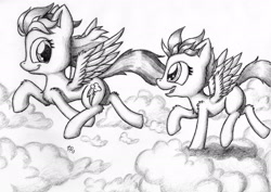 Size: 2271x1612 | Tagged: safe, artist:punk-pegasus, character:rainbow dash, character:scootaloo, species:pegasus, species:pony, cloud, cloudy, monochrome, scootalove, traditional art