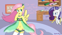 Size: 1920x1080 | Tagged: safe, artist:verminshy, character:fluttershy, character:rarity, species:pony, belly button, bipedal, clothing, frilly underwear, green underwear, lingerie, panties, semi-anthro, underwear