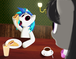 Size: 1600x1236 | Tagged: safe, artist:styroponyworks, character:dj pon-3, character:octavia melody, character:vinyl scratch, food, orange juice, pizza, table, tea