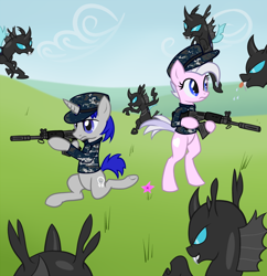 Size: 900x930 | Tagged: safe, artist:arrkhal, oc, oc only, oc:heartcall, oc:sonar ping, species:changeling, species:pony, species:unicorn, bipedal, blep, drool, flower, fn fal, gun, raspberry, rifle, tongue out, weapon