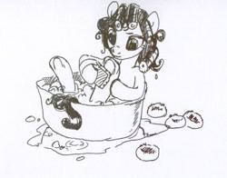 Size: 638x500 | Tagged: safe, artist:tomatocoup, character:rarity, bath, bathing, bathtub, brush, brushie, female, hair curlers, hooves, monochrome, solo, traditional art, washing, younger