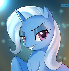 Size: 1014x1053 | Tagged: safe, artist:skyline19, character:trixie, species:pony, species:unicorn, bust, female, grin, lidded eyes, mare, portrait, raised hoof, sexy, sinfully sexy, smiling, solo