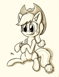 Size: 1635x2126 | Tagged: safe, artist:punk-pegasus, character:applejack, apple, chest fluff, ear fluff, female, monochrome, sitting, solo, tongue out, traditional art