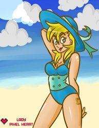 Size: 1024x1325 | Tagged: safe, artist:ladypixelheart, oc, oc only, oc:ticket, beach, clothing, humanized, one-piece swimsuit, solo, swimsuit