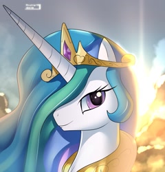 Size: 1615x1680 | Tagged: safe, artist:skyline19, character:princess celestia, beautiful, bust, female, hair over one eye, looking at you, portrait, praise the sun, sky, smiling, solo, sun, sunrise