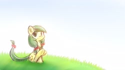 Size: 1920x1080 | Tagged: safe, artist:dshou, character:apple fritter, species:earth pony, species:pony, apple family member, bow, female, grass, hair bow, looking at you, mare, sitting, sky, solo, tail bow, underhoof