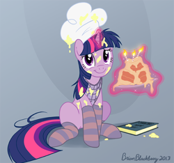 Size: 628x589 | Tagged: safe, artist:brianblackberry, character:twilight sparkle, character:twilight sparkle (unicorn), species:pony, species:unicorn, adorkable, book, cake, candle, chef's hat, clothing, cooking, cute, dork, female, food, hat, hnnng, looking at you, magic, mare, messy, sitting, smiling, socks, solo, striped socks, telekinesis, twiabetes, you tried