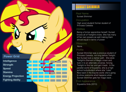 Size: 1100x800 | Tagged: safe, artist:pika-robo, character:sunset shimmer, species:pony, bio, female, profile, solo, text, ultimate marvel vs capcom 3