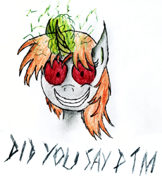 Size: 2666x2898 | Tagged: safe, artist:magical disaster, oc, oc only, oc:littlepip, species:pony, species:unicorn, fallout equestria, drugs, fanfic, fanfic art, female, glowing horn, horn, looking at you, magic, mare, party time mintals, red eyes, simple background, smiling, solo, teeth, text, white background