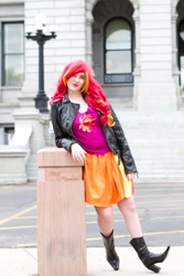 Size: 427x640 | Tagged: safe, artist:lochlan o'neil, character:sunset shimmer, species:human, ankle boots, boots, clothing, cosplay, female, high heel boots, irl, irl human, jacket, leaning, leather jacket, photo, shoes, solo, wig