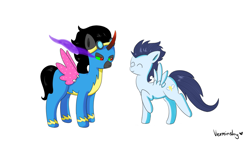 Size: 1920x1080 | Tagged: safe, artist:verminshy, character:king sombra, character:soarin', fake wings, glitter, wonderbolts uniform