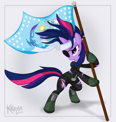Size: 1664x1750 | Tagged: safe, artist:killryde, character:twilight sparkle, species:pony, species:unicorn, g4, adobe fireworks, bandage, bipedal, bipedal leaning, clothing, equestrian flag, female, flag, future twilight, leaning, mare, solo, torn clothes