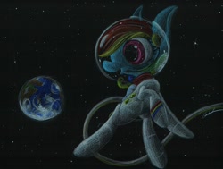 Size: 1086x820 | Tagged: safe, artist:getchanoodlewet, character:rainbow dash, astrodash, astronaut, clothing, female, helmet, solo, space, space suit