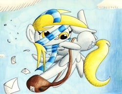 Size: 1280x990 | Tagged: safe, artist:getchanoodlewet, character:derpy hooves, species:pegasus, species:pony, bag, clothing, female, flying, letter, mare, scarf, solo