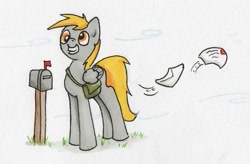 Size: 1013x666 | Tagged: safe, artist:shieltar, character:derpy hooves, species:pegasus, species:pony, female, mail, mailbox, mare, solo, traditional art