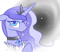 Size: 1822x1567 | Tagged: dead source, safe, artist:b-epon, character:princess luna, bedroom eyes, collar, colored, fancy, female, heart, love, mane, moon, necklace, regal, ruff (clothing), ruffled, solo, space