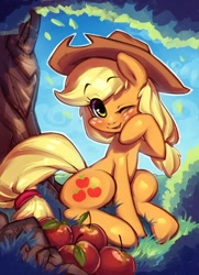 Size: 578x800 | Tagged: safe, artist:hallogreen, character:applejack, apple, cheek squish, cute, female, jackabetes, looking at you, one eye closed, sitting, solo, squishy cheeks, tree, under the tree, wink