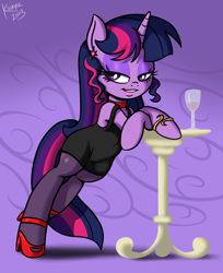 Size: 2200x2700 | Tagged: safe, artist:killryde, character:twilight sparkle, species:pony, bedroom eyes, bipedal, bipedal leaning, clothing, dress, female, glass, high heels, lipstick, little black dress, pantyhose, solo, table, wine glass