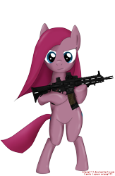 Size: 3269x5000 | Tagged: safe, artist:orang111, character:pinkamena diane pie, character:pinkie pie, species:earth pony, species:pony, absurd resolution, bipedal, eotech, female, gun, hk416, holographic sight, looking at you, picatinny rail, rifle, solo, weapon