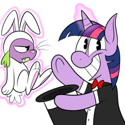 Size: 700x700 | Tagged: safe, artist:karpet-shark, character:spike, character:twilight sparkle, twily-daily, bow tie, bunny costume, clothing, cute, glowing horn, grin, hat, magic, simple background, smiling, spikabetes, telekinesis, top hat, white background