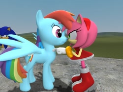 Size: 1024x768 | Tagged: safe, artist:pika-robo, character:rainbow dash, character:sonic the hedgehog, 3d, amy rose, crossover, crossover shipping, female, gmod, hate, interspecies, jealous, love, male, overprotective, shipping, sonic the hedgehog (series), sonicdash, straight