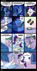 Size: 1397x2691 | Tagged: safe, artist:pepooni, character:rarity, character:spike, species:dragon, species:pony, species:unicorn, comic, dialogue, egg (food), female, food, makeup, male, mare, monster