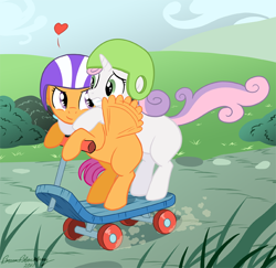 Size: 620x602 | Tagged: safe, artist:brianblackberry, character:scootaloo, character:sweetie belle, species:pegasus, species:pony, ship:scootabelle, female, heart, lesbian, scared, scooter, shipping