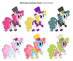 Size: 2835x2395 | Tagged: safe, artist:pika-robo, artist:star-burn, character:cloudy quartz, character:cup cake, character:daisy, character:minty, character:pinkie pie, character:surprise, alternate costumes, clothing, hat, recolor, top hat, tuxedo