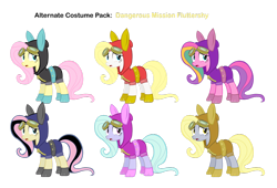 Size: 1024x698 | Tagged: safe, artist:pika-robo, artist:zvn, character:derpy hooves, character:flitter, character:fluttershy, character:ploomette, species:pegasus, species:pony, alternate costumes, banner mares, bunny ears, clothing, crescendo, dangerous mission outfit, emoshy, female, hoodie, mare, recolor