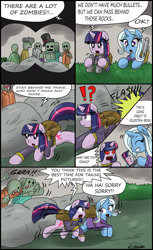 Size: 1881x3070 | Tagged: safe, artist:ciriliko, character:trixie, character:twilight sparkle, species:pony, species:unicorn, ship:twixie, angry, butt, butt picture, comic, creeper, female, gun, lesbian, mare, phone, picture, plot, red eyes, shipping, shotgun, weapon, zombie