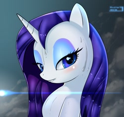 Size: 1278x1211 | Tagged: safe, artist:skyline19, character:rarity, species:pony, species:unicorn, bedroom eyes, female, looking at you, mare, smiling, solo, sweat, wet, wet mane, wet mane rarity