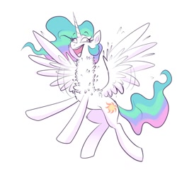 Size: 1024x1024 | Tagged: safe, artist:confetticakez, character:princess celestia, species:alicorn, species:pony, g4, chest fluff, cutie mark, laughing, laughing mad, solo, white background, wings, wings stretched