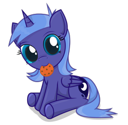 Size: 1528x1500 | Tagged: safe, artist:negasun, character:princess luna, cookie, cute, female, filly, lunabetes, mouth hold, sitting, solo, weapons-grade cute, woona