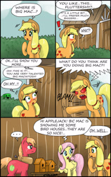 Size: 1949x3080 | Tagged: safe, artist:ciriliko, character:applejack, character:big mcintosh, character:fluttershy, species:earth pony, species:pegasus, species:pony, blushing, comic, creeper, fake out, female, implied fluttermac, implied sex, innuendo, male, mare, red eyes, stallion