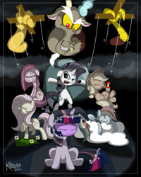 Size: 2300x2880 | Tagged: safe, artist:killryde, character:applejack, character:discord, character:fluttershy, character:pinkamena diane pie, character:pinkie pie, character:rainbow dash, character:rarity, character:tom, character:twilight sparkle, episode:the return of harmony, g4, my little pony: friendship is magic, apple core, discorded, discorded twilight, flutterbitch, greedity, high res, liarjack, puppet, puppet strings, rainbow ditch, trampling