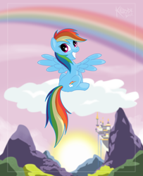 Size: 1624x2000 | Tagged: safe, artist:killryde, character:rainbow dash, species:pegasus, species:pony, canterlot, cloud, female, looking at you, on a cloud, rainbow, sitting, solo