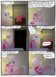 Size: 802x1102 | Tagged: safe, artist:kturtle, character:pinkie pie, species:earth pony, species:pony, comic:the story of granny pie, bed, candle, closet, clothes hanger, comic, dialogue, eyes closed, female, filly, glasses, granny pie, heart, kiss on the head, lidded eyes, mare, mouth hold, pillow