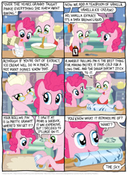 Size: 790x1094 | Tagged: safe, artist:kturtle, character:pinkie pie, character:snips, species:earth pony, species:pegasus, species:pony, comic:the story of granny pie, bowl, comic, dough, duo, female, filly, glasses, granny pie, kitchen, mare, mouth hold, rolling pin, rule 63, spoon, sugar, vanilla extract