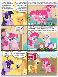 Size: 827x1089 | Tagged: safe, artist:kturtle, character:applejack, character:granny smith, character:pinkie pie, character:twilight sparkle, species:earth pony, species:pony, species:unicorn, comic:the story of granny pie, accent, applejack's hat, cherry, cherry on top, clothing, comic, cowboy hat, cupcake, dialogue, eyes closed, first meeting, food, granny pie, hat, looking at each other, mirror, music notes, party hat, raised hoof, smiling, sweet apple acres