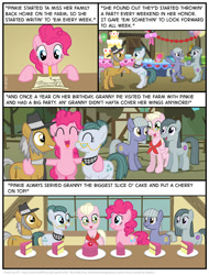 Size: 827x1089 | Tagged: safe, artist:kturtle, character:cloudy quartz, character:igneous rock pie, character:limestone pie, character:marble pie, character:pinkie pie, species:earth pony, species:pegasus, species:pony, comic:the story of granny pie, accent, cake, cherry, cherry on top, comic, dancing, female, food, granny pie, male, mare, mouth hold, pencil, pie family, quartzrock, stallion