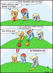 Size: 2198x3040 | Tagged: safe, artist:ciriliko, character:applejack, character:derpy hooves, character:rainbow dash, species:pegasus, species:pony, apple, banana, comic, creeper, female, high res, mare, orange, that pony sure does love apples, the simpsons