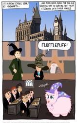 Size: 682x1082 | Tagged: safe, artist:kturtle, oc, oc:fluffle puff, accessory swap, comic, crossover, harry potter, hufflepuff, pun, sorting hat, the great and powerful, trixie's cape, trixie's hat