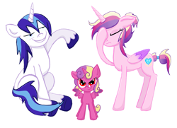 Size: 1245x900 | Tagged: safe, artist:thecheeseburger, character:princess cadance, character:princess skyla, character:shining armor, parent:princess cadance, parent:shining armor, parents:shiningcadance, species:alicorn, species:pony, corrupted, evil, facehoof, filly, offspring, simple background, white background