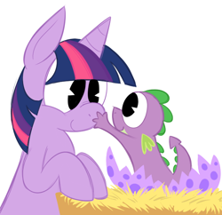 Size: 650x630 | Tagged: safe, artist:karpet-shark, character:spike, character:twilight sparkle, character:twilight sparkle (unicorn), species:dragon, species:pony, species:unicorn, twily-daily, episode:the cutie mark chronicles, g4, my little pony: friendship is magic, baby, baby dragon, baby spike, big eyes, boop, cute, dawwww, egg, eye contact, female, filly, filly twilight sparkle, horn, karpet-shark is gonna kill us all, looking at each other, male, mama twilight, nest, simple background, smiling, spikabetes, tumblr, white background, younger