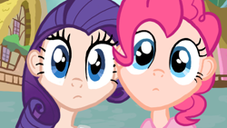 Size: 460x259 | Tagged: safe, artist:thecheeseburger, character:pinkie pie, character:rarity, species:human, episode:the ticket master, g4, my little pony: friendship is magic, close-up, humanized, scene interpretation